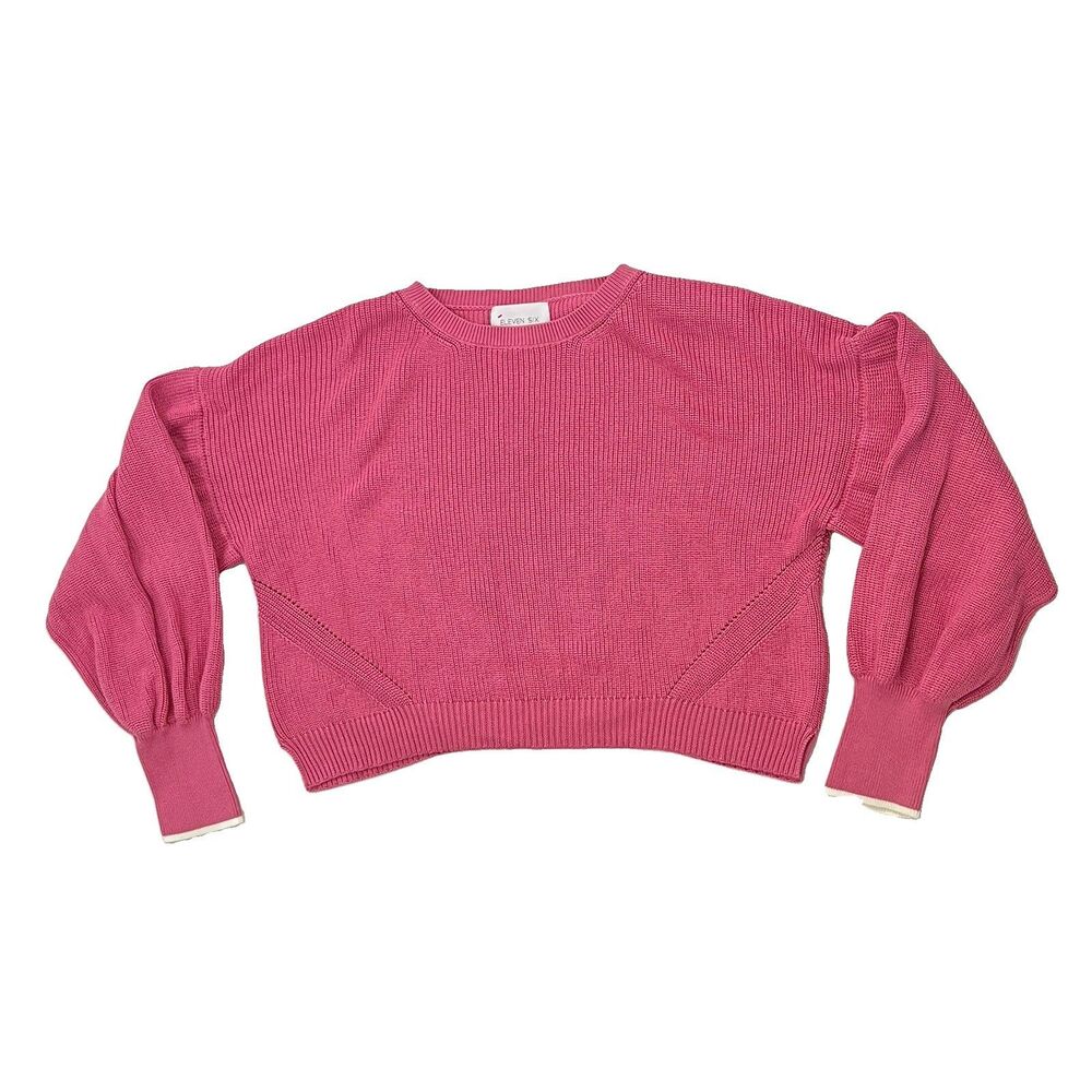ELEVEN SIX Women’s XS/S Pink Knit Sweater Cropped Crewneck Pima Cotton Puff Slee